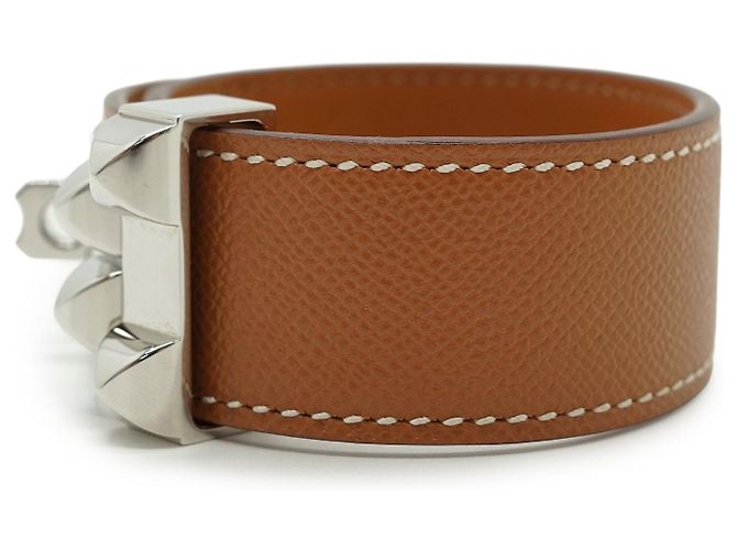 Hermès Bracciale Hermes Collier de Chien 24 in pelle Tan T3 metallo argentato Beige - vista 8