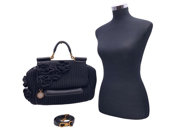 Dolce & Gabbana Borsa a tracolla e spalla Miss Sicily in maglia nera con applicazioni floreali Nero - vista 3