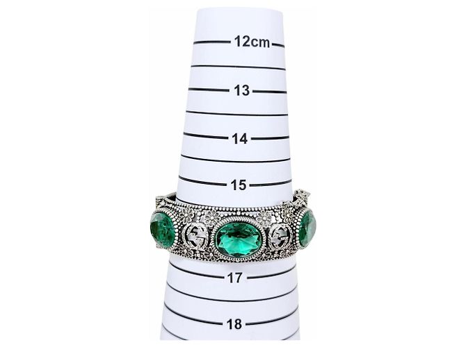 Bracciale rigido GUCCI Interlocking G Flower Cat Head Green Stone Argento - vista 10