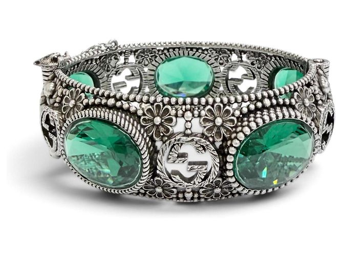 Bracciale rigido GUCCI Interlocking G Flower Cat Head Green Stone Argento - vista 2