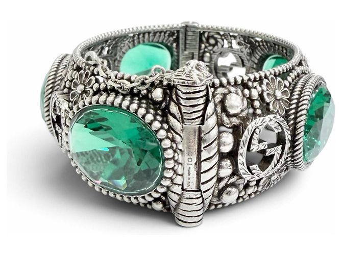 Bracciale rigido GUCCI Interlocking G Flower Cat Head Green Stone Argento - vista 3