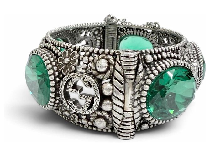 Bracciale rigido GUCCI Interlocking G Flower Cat Head Green Stone Argento - vista 4