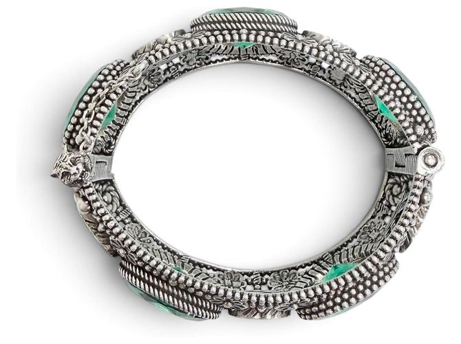 Bracciale rigido GUCCI Interlocking G Flower Cat Head Green Stone Argento - vista 5