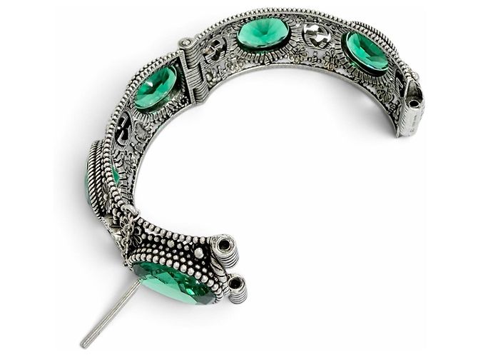 Bracciale rigido GUCCI Interlocking G Flower Cat Head Green Stone Argento - vista 6