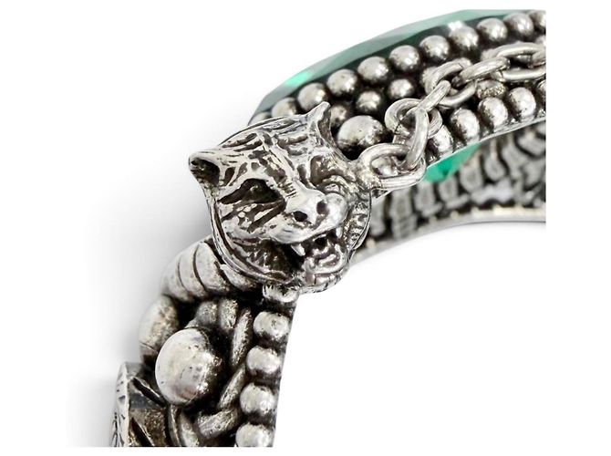 Bracciale rigido GUCCI Interlocking G Flower Cat Head Green Stone Argento - vista 7