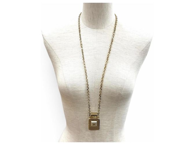 Chanel B22S Coco Mark Parfümflaschen-Locket-Anhänger Halskette Weiß Golden - Ansicht 3