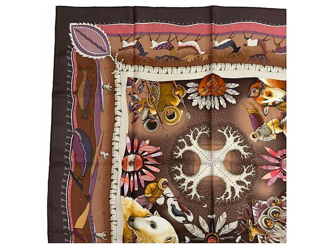 Hermès Foulard di seta Hermes Carre 90 La Vie Du Grand Nord Marrone Multicolore - vista 2