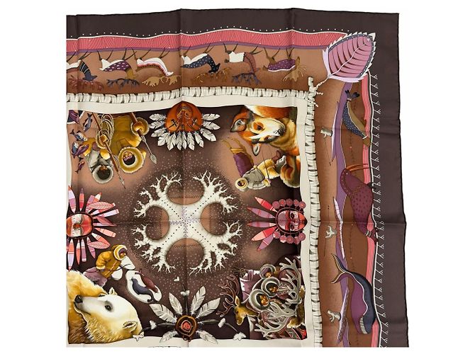 Hermès Foulard di seta Hermes Carre 90 La Vie Du Grand Nord Marrone Multicolore - vista 3