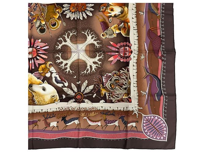 Hermès Foulard di seta Hermes Carre 90 La Vie Du Grand Nord Marrone Multicolore - vista 4