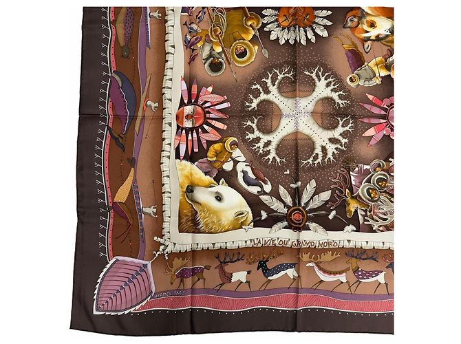 Hermès Foulard di seta Hermes Carre 90 La Vie Du Grand Nord Marrone Multicolore - vista 5