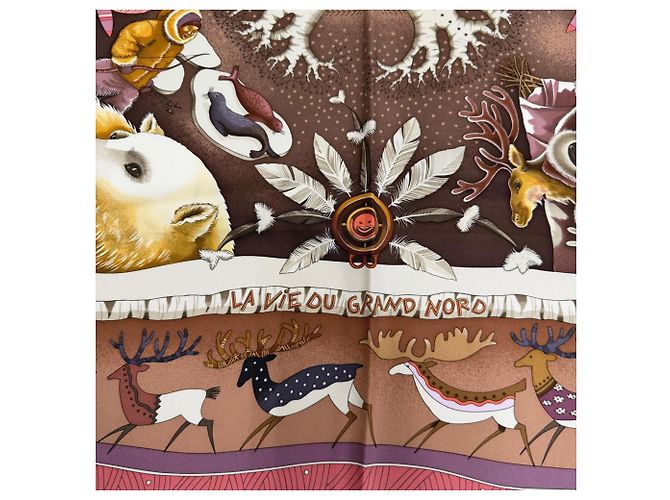 Hermès Foulard di seta Hermes Carre 90 La Vie Du Grand Nord Marrone Multicolore - vista 6