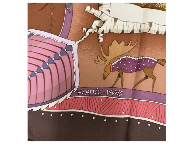 Hermès Foulard di seta Hermes Carre 90 La Vie Du Grand Nord Marrone Multicolore - vista 7