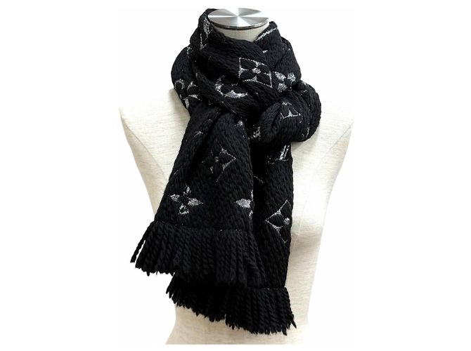 Sciarpa Louis Vuitton Logomania Shine in misto lana e seta Nero Argento - vista 3
