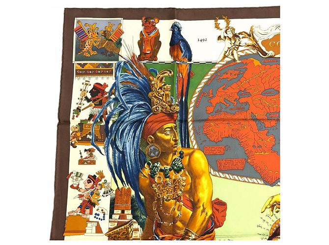 Hermès Carré en soie Hermes Les Ameriques Colombvs Marron Multicolore - vue 3