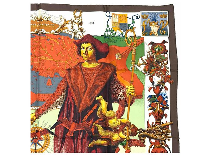 Hermès Carré en soie Hermes Les Ameriques Colombvs Marron Multicolore - vue 4