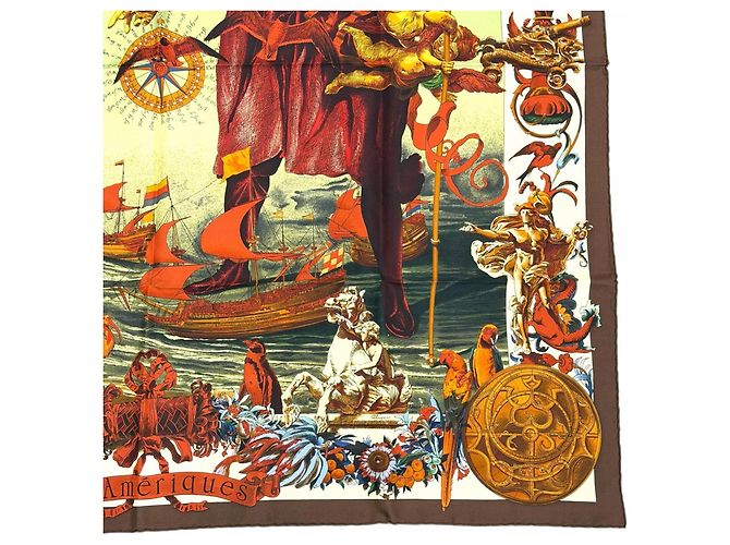 Hermès Carré en soie Hermes Les Ameriques Colombvs Marron Multicolore - vue 5