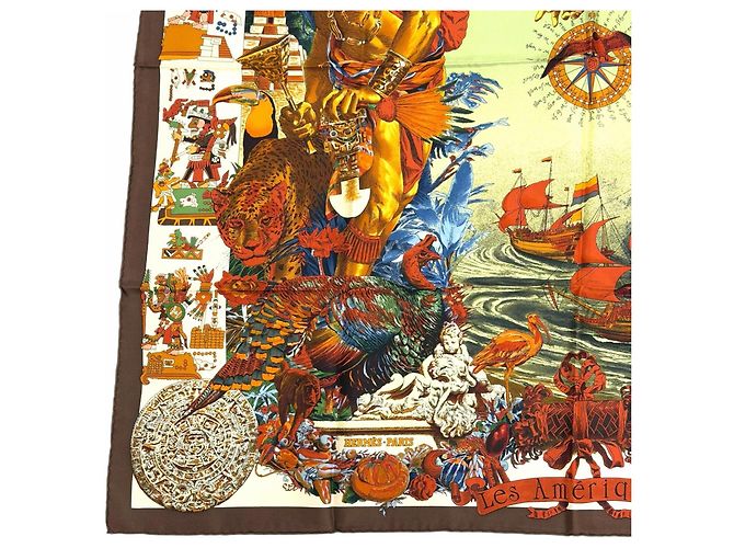 Hermès Carré en soie Hermes Les Ameriques Colombvs Marron Multicolore - vue 6