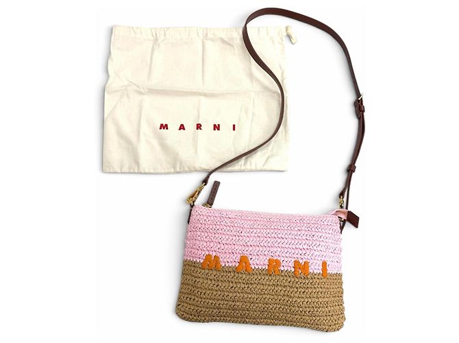 Marni Seaside Bicolor Schultertasche aus Leder und Raffia Pink - Ansicht 2