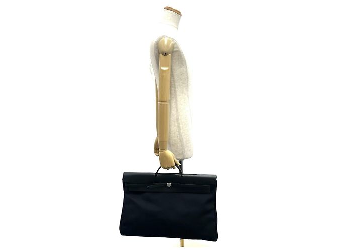 Hermès Borsa Boston Hermes Herbag GM Toile Officier e Pelle Nero - vista 2