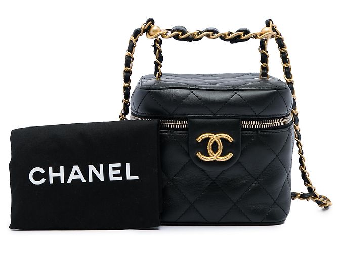 Petit Vanity Case Chanel en veau matelassé noir avec chaîne et barre - vue 6