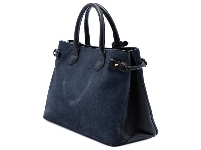 Borsa Satchel Banner Burberry in camoscio e pelle di vitello blu Medium Blu navy - vista 2