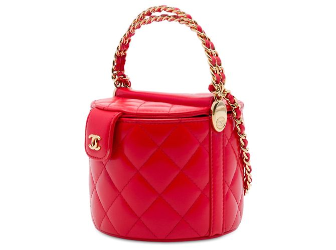 Chanel Runder Vanity Case aus rotem gestepptem Lammleder mit Henkel und CC-Kette - Ansicht 2