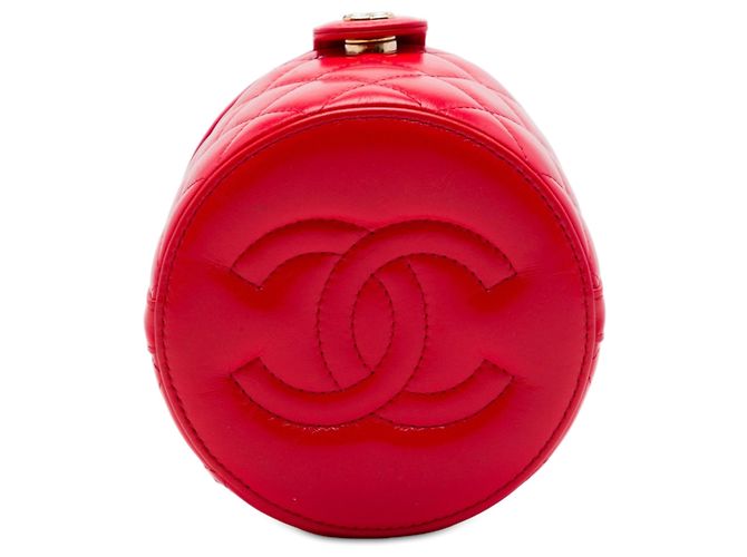 Chanel Runder Vanity Case aus rotem gestepptem Lammleder mit Henkel und CC-Kette - Ansicht 3