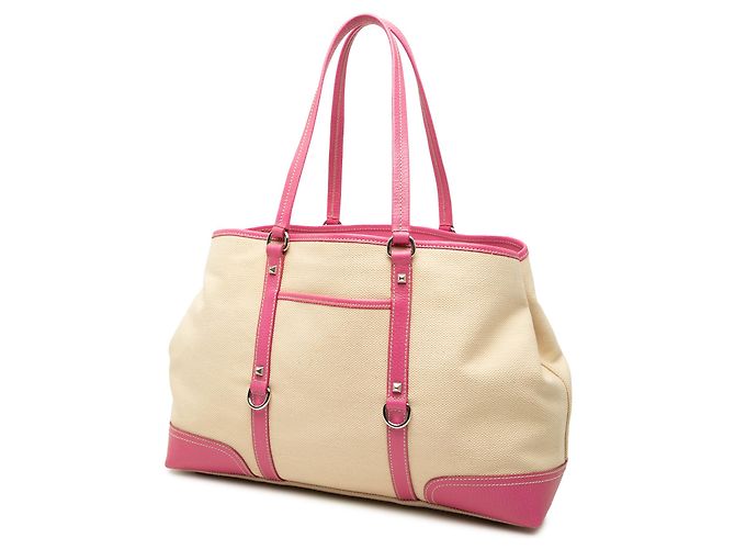 Tote Prada em lona com bolso frontal e acabamentos em couro com tachas, bege Rosa - vista 2