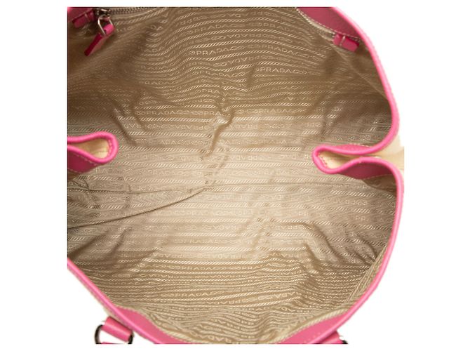 Tote Prada em lona com bolso frontal e acabamentos em couro com tachas, bege Rosa - vista 4