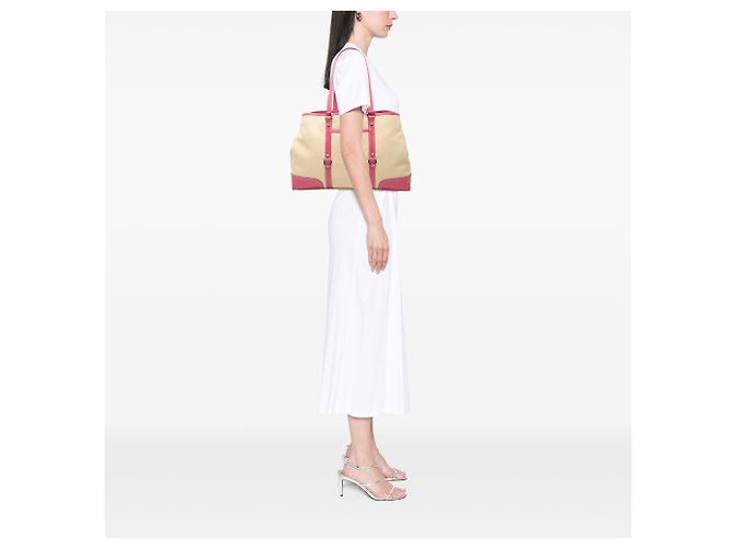 Tote Prada em lona com bolso frontal e acabamentos em couro com tachas, bege Rosa - vista 6