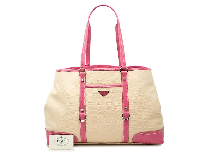 Tote Prada em lona com bolso frontal e acabamentos em couro com tachas, bege Rosa - vista 7