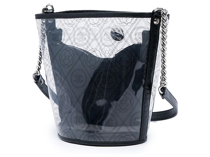 Borsa a secchiello Chanel Camellia Coco in PVC nero e vitello stropicciato, dimensione Medium - vista 2