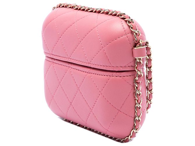 Mini Vanity Case Chanel in lambskin matelassé rosa con catena - vista 2