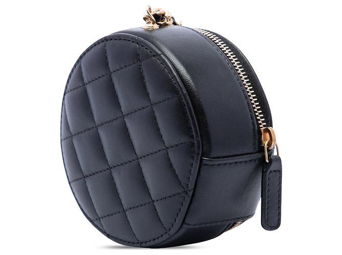 Clutch rotonda Chanel Black CC in pelle di agnello e metallo con Camelia e catena Nero - vista 2
