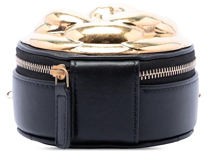 Clutch rotonda Chanel Black CC in pelle di agnello e metallo con Camelia e catena Nero - vista 3