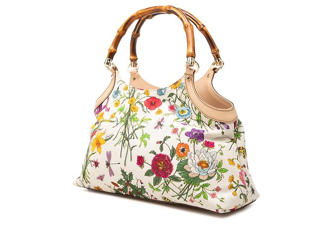 Bamboo Borsa Gucci in tela Flora bianca e bambù Bianco - vista 2