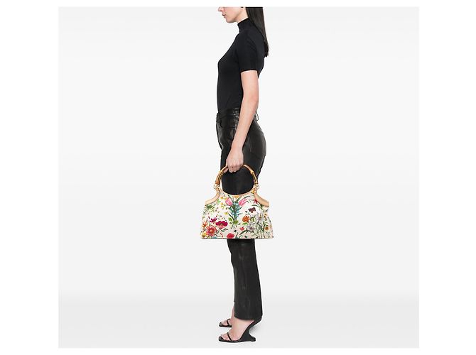 Bamboo Borsa Gucci in tela Flora bianca e bambù Bianco - vista 6