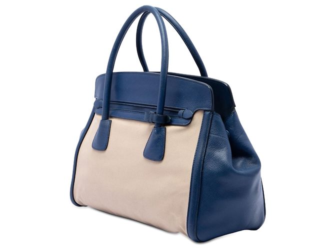Bolsa Satchel Prada em Canapa com acabamento em couro Saffiano bege - vista 2