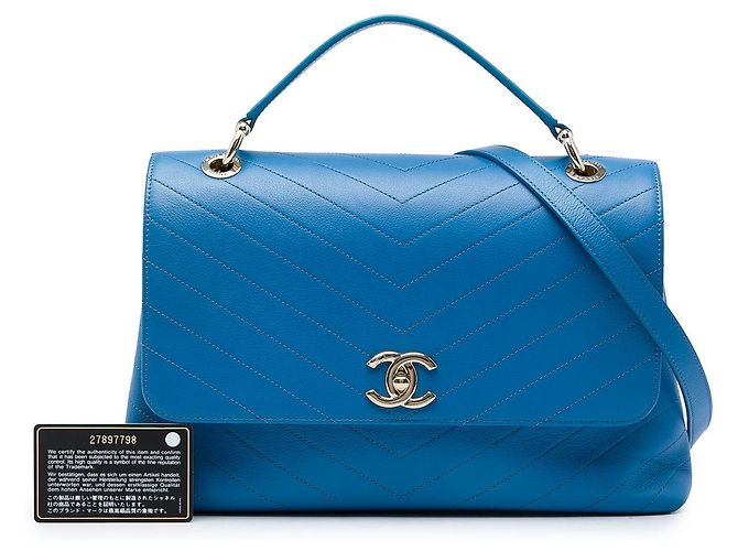 Chanel Blue Medium Grained Calfskin Chevron Chic Top Handle Flap - vista 7