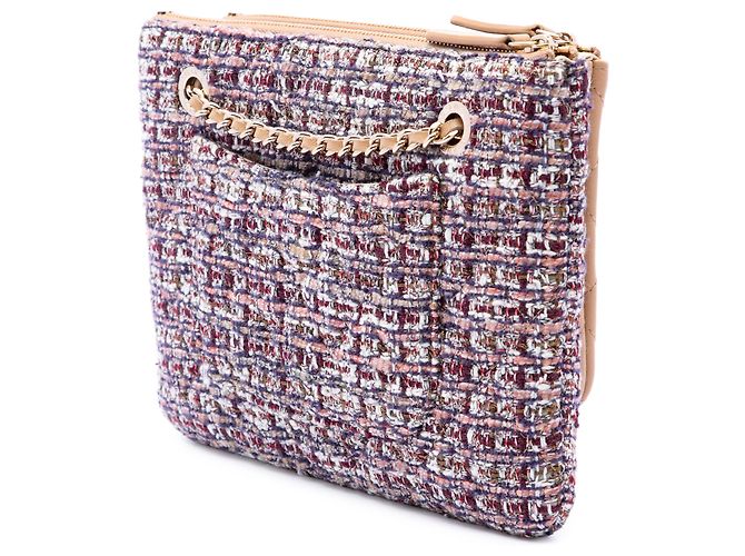 Doppio astuccio Chanel in tweed e pelle d'agnello matelassé marrone con catena Marrone chiaro - vista 2