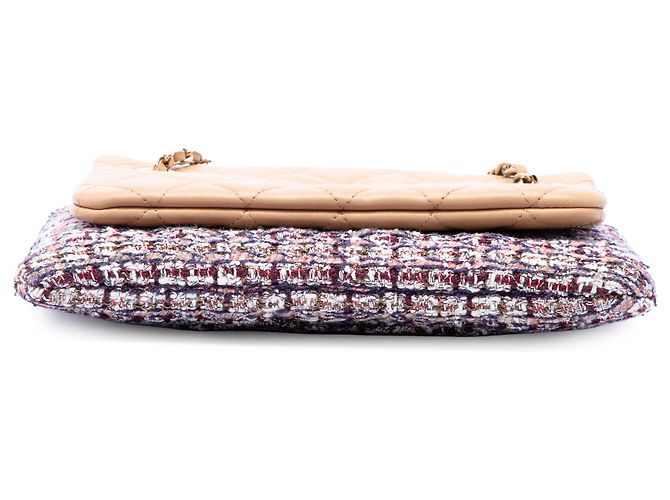 Doppio astuccio Chanel in tweed e pelle d'agnello matelassé marrone con catena Marrone chiaro - vista 3