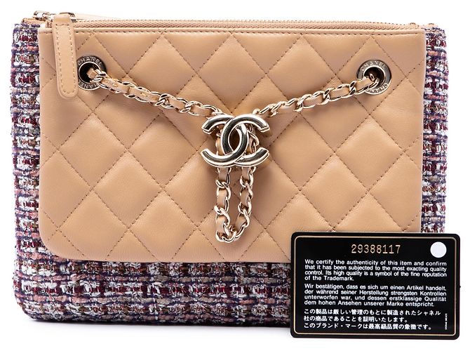 Doppio astuccio Chanel in tweed e pelle d'agnello matelassé marrone con catena Marrone chiaro - vista 7