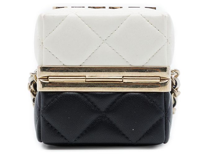 Chanel White Bicolor Quilted Lambskin Cube Clutch mit Kette Weiß Roh - Ansicht 3
