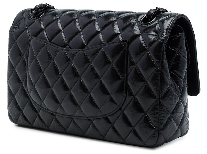 Chanel Black Medium Classic Shiny Crumpled Calfskin So Black Double Flap Nero - vista 2