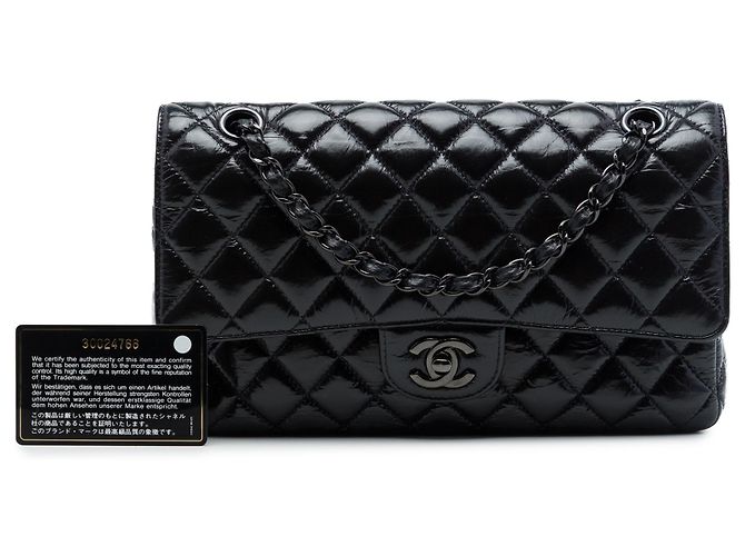 Chanel Black Medium Classic Shiny Crumpled Calfskin So Black Double Flap Nero - vista 7