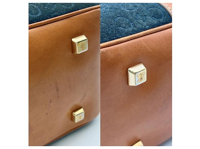Céline Sac Boston Celine en daim et cuir Marron Bleu Marine - vue 14
