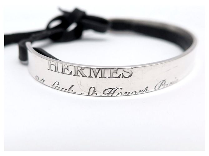 Hermès BRACCIALE HERMES CARTOUCHE IN ARGENTO MASSICCIO 925 & PELLE NERA + SCATOLA E SACCHETTO SILVER - vista 5