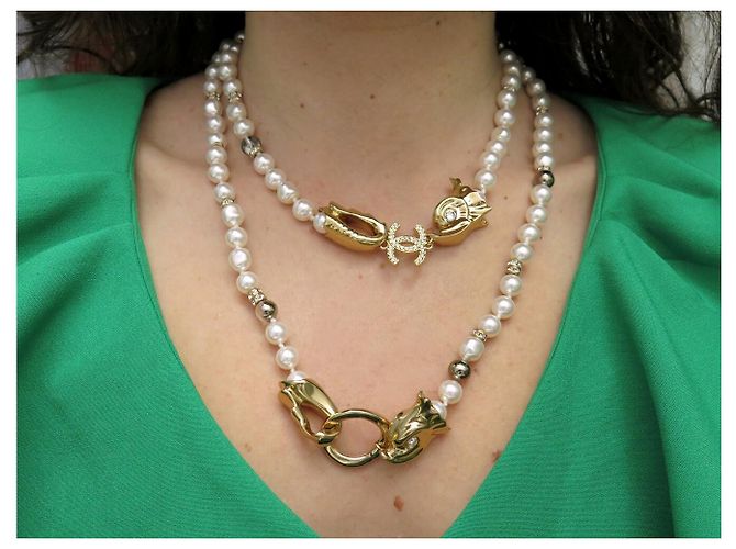 NUOVO COLLANA SAUTOIR CHANEL DRAGON POISSON LOGO CC DOUBLE TOUR D'oro - vista 10