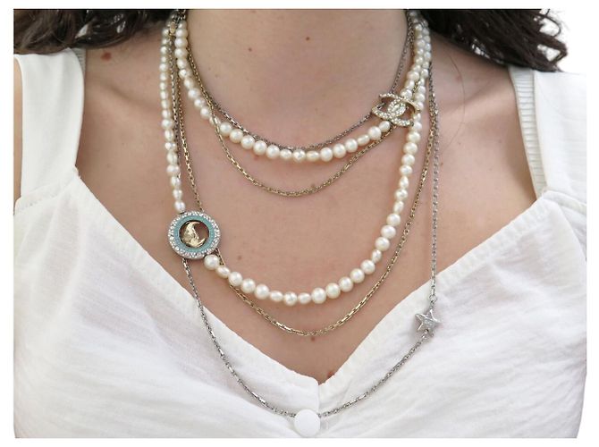 COLLANA CHANEL SAUTOIR LUNE STELLE LOGO CC STRASS PERLE 94CM Argento - vista 8