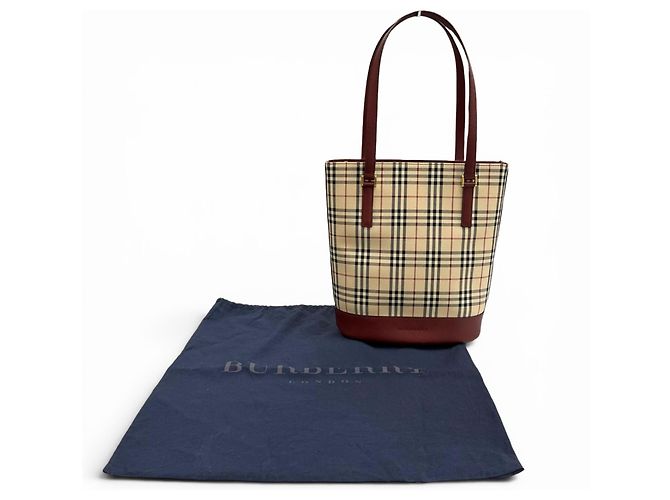 Borsa Tote in pelle Burberry Vintage Logo Nova Check Pattern Beige Bordò - vista 2